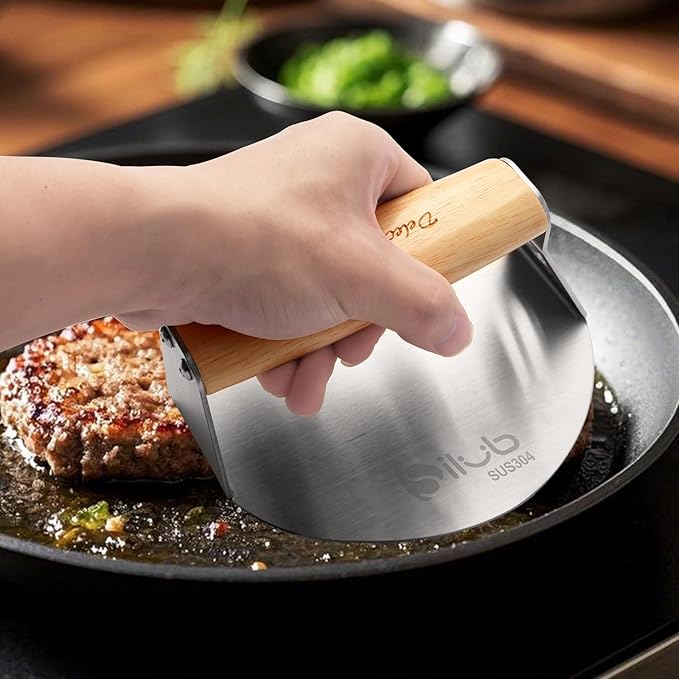 SILUB Smash Burger Press,304 Stainless Steel 6.0 Inches Round Hamburger Smasher with Anti Scald Wood Handle, Non-Stick Burger Press Perfect for Flat Top Griddle Grill Cooking (6'' Coated Press)