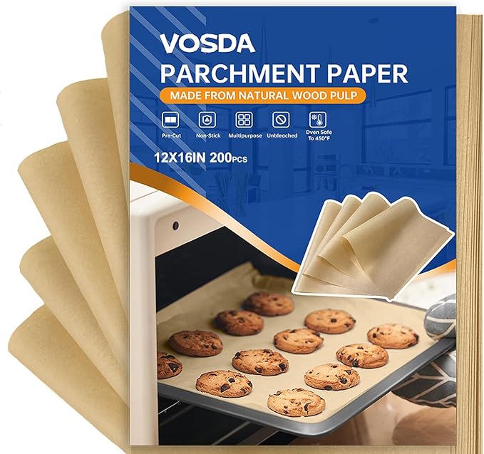 Vosda Parchment Paper Sheets for Baking 12-16 IN Precut Non-Stick Parchment Paper Unbleached Baking Sheet Paper for Air Fryer,Baking,Grilling,Steaming,Oven Suitable For Bread Cake Cookies 200p