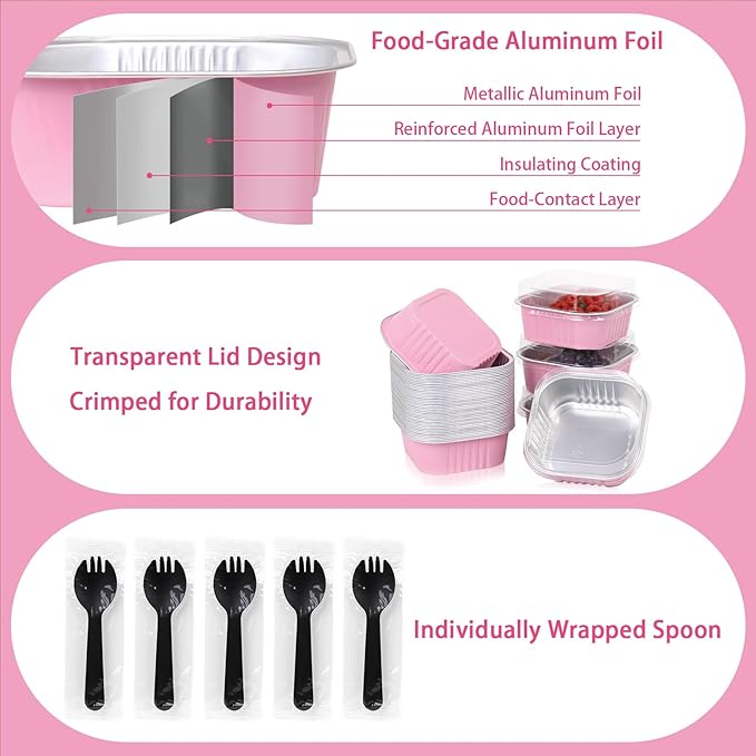 FORBFAN 150 Pack 10 oz Mini Cake Pans with Lids & Spoons, Pink Foil Square Dessert Cups, Disposable Baking Tins for Party, Catering, Gifting & Small Bakery