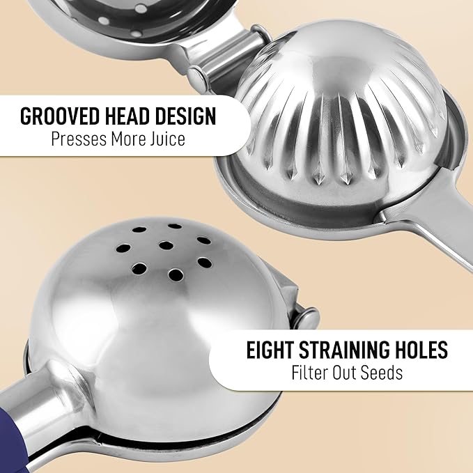 Zulay Kitchen Lemon Squeezer Stainless Steel with Premium Heavy Duty Solid Metal Squeezer Bowl and Food Grade Silicone Handles - Large Manual Citrus Press Juicer and SS Lime Squeezer (Navy)