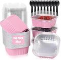 FORBFAN 150 Pack 10 oz Mini Cake Pans with Lids & Spoons, Pink Foil Square Dessert Cups, Disposable Baking Tins for Party, Catering, Gifting & Small Bakery