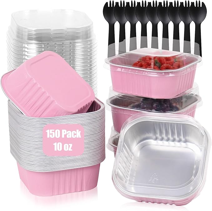 FORBFAN 150 Pack 10 oz Mini Cake Pans with Lids & Spoons, Pink Foil Square Dessert Cups, Disposable Baking Tins for Party, Catering, Gifting & Small Bakery