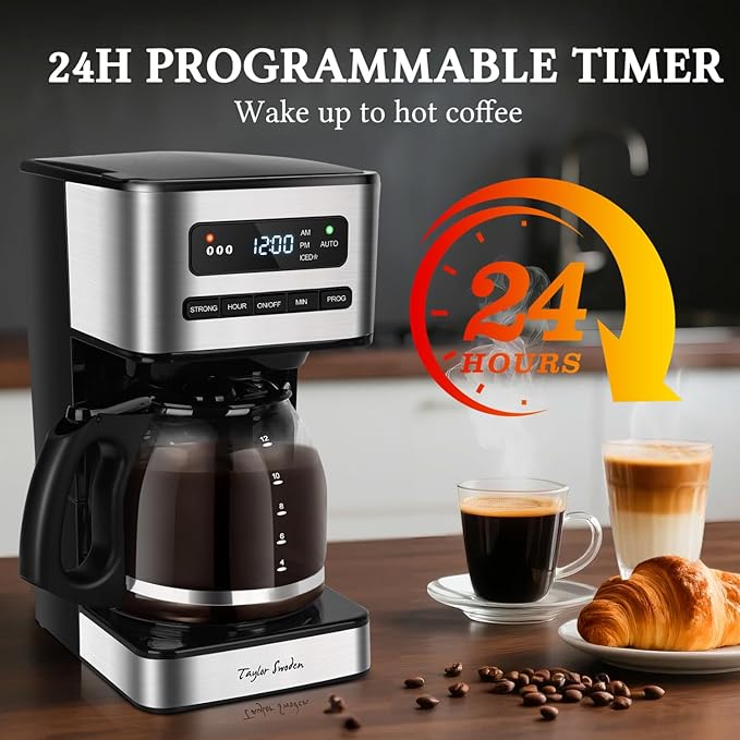 Taylor Swoden Programmable Coffee Maker 12 Cup, Black & Stainless Steel