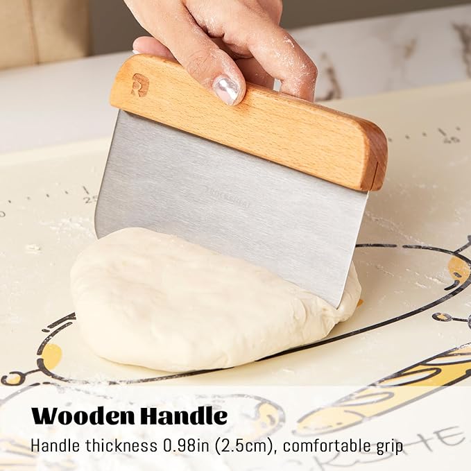 ROCKSHEAT Bench Scraper & Chopper, Stainless Steel Dough Cutter with Wooden Handle, Thick Sharp Blades Pizza Bread Cutter, Multipurpose Kitchen Tool for Baking Cooking
