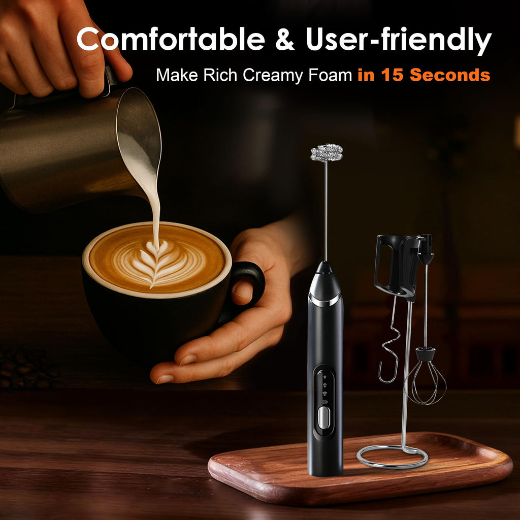 Rechargeable Milk Frother with Stand,Coffee Frother,Drink Mixer（Black)