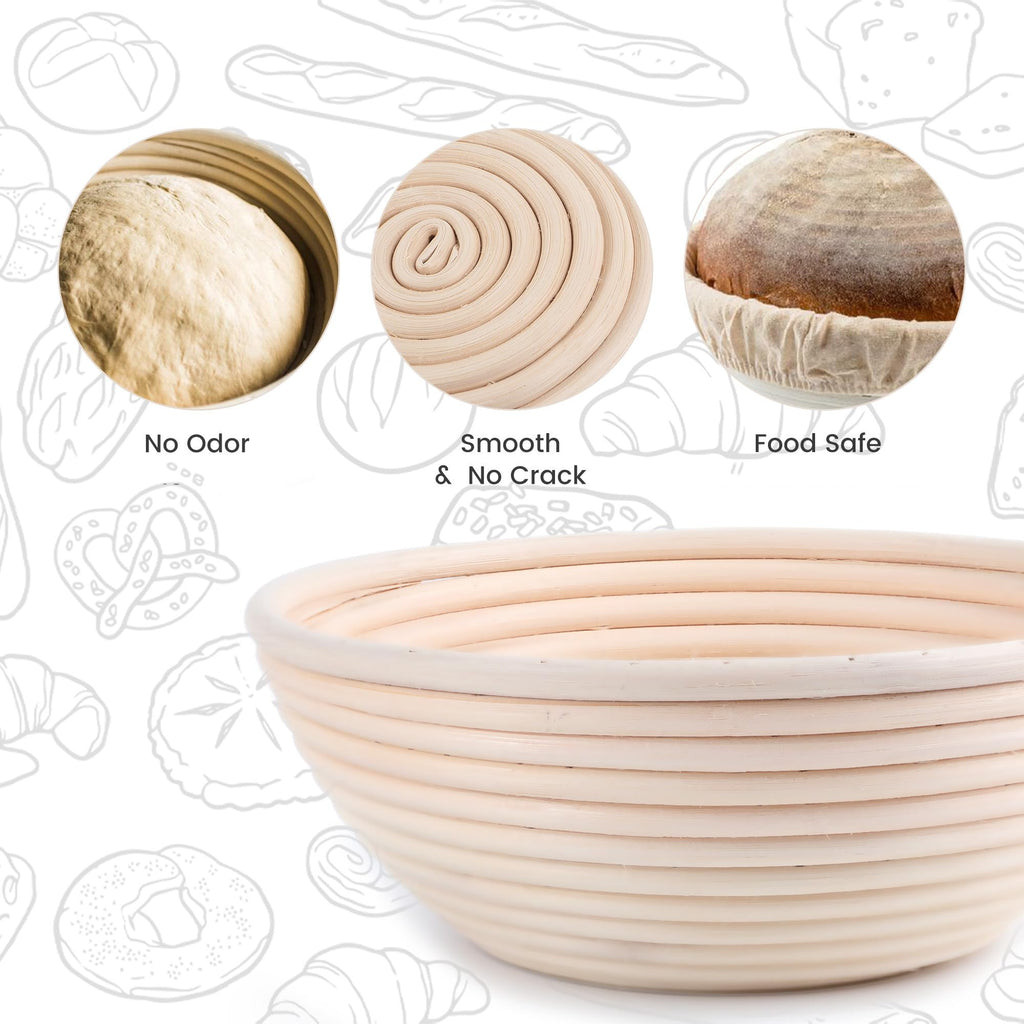 DOYOLLA Round Bread Dough Proofing Rising Rattan Baskets(Set of 2, 9 inch) w/Liners for Home Sourdough Bread Bakers