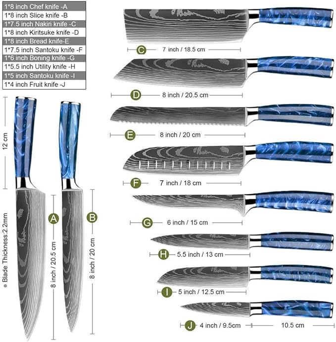 FIVE COWS 8-Piece Premium Japanese Kitchen Knife Set - Star Collection, Laser Damascus Pattern, 440A Stainless Steel Ultra Sharp for Fast Cutting (Blue 8J)