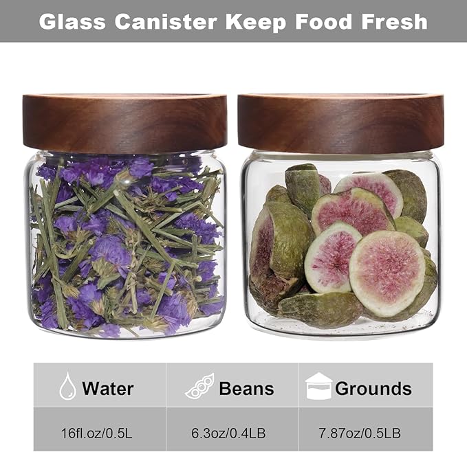 Patoper 16 oz Glass Jars with Acacia Wood Airtight Lids Spice Jar Herb Storage Canister with Wooden Lid Clear Glass Food Jar for Sugar Pantry Tea Coffee Bean Spice Cookies (500ml/16oz-2pack)