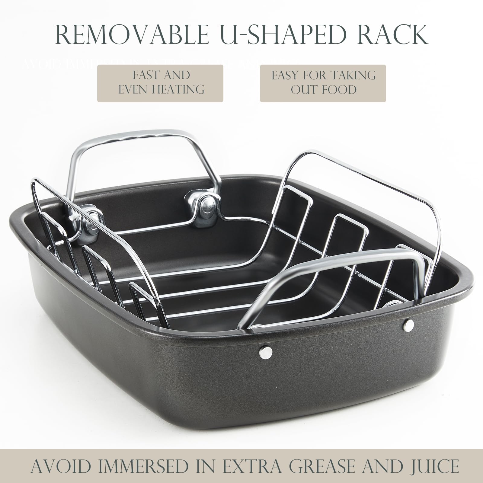 KITESSENSU Nonstick Turkey Roasting Pan with Rack 17 x 14 inch - Large Chicken Roaster Pan for Oven - Wider Handles & Heavy Duty Construction - Suitable for 24lb Turkey, Gray