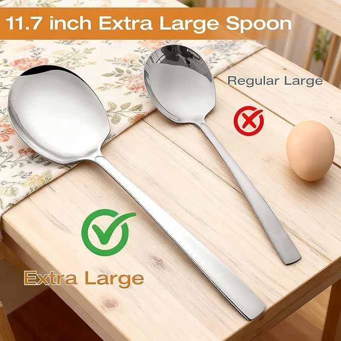 Extra Large Serving Spoons Set of 6-Piece, 11.7-Inch Serving Slotted Spoon x 3 Serving Spoon x 3, 18/8 Stainless Steel Serving Utensil for Buffet, Parties, Catering - Dishwasher Safe(6-Pack, Silver)