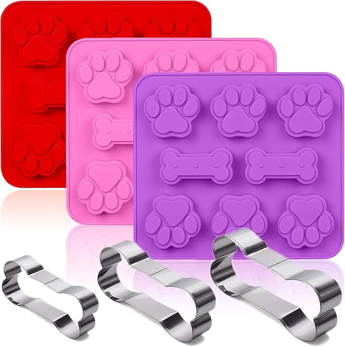SAGOOITS Silicone Molds Puppy Dog Paw & Bone Shaped 2 in 1 and Stainless Steel Cookie Cutter,for Homemade Treats Cat Animal Ice Candy Chocolate Baking Mold(Pink&Purple&Red)