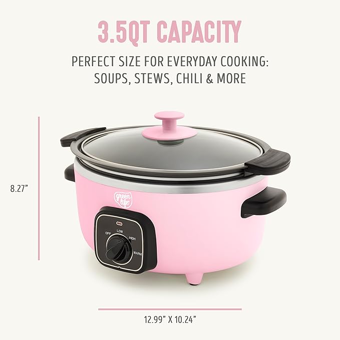 GreenLife 3.5QT Ceramic Nonstick Slow Cooker, Cooktop/Oven Safe, Pink