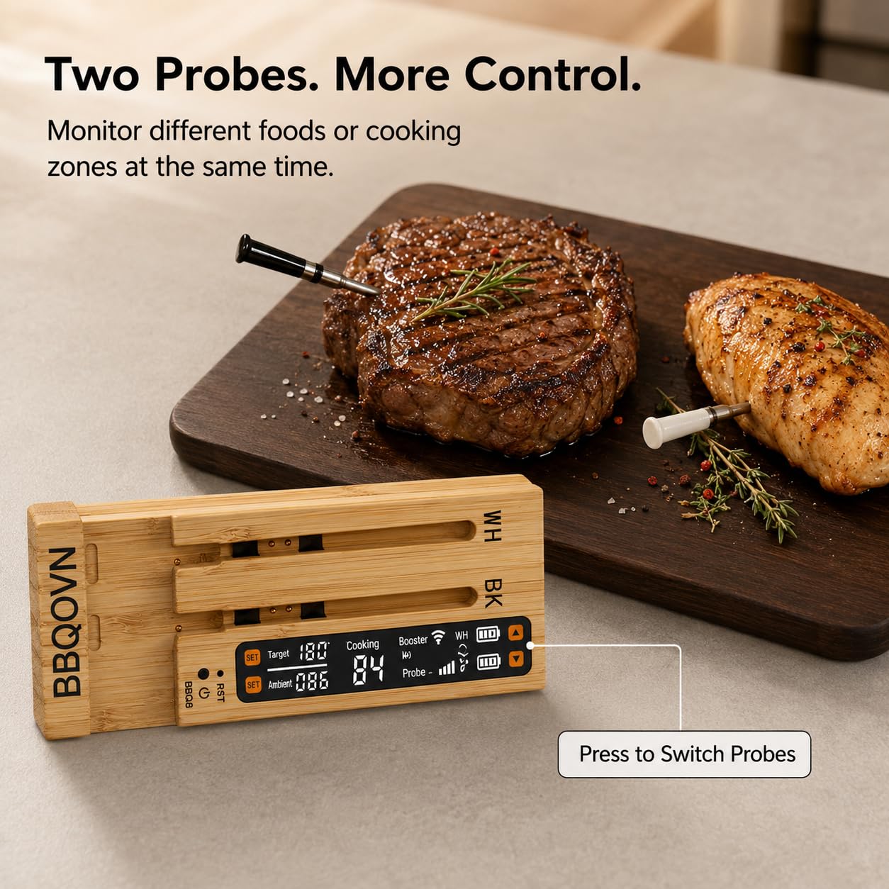 BBQOVN WiFi Sub-1G Wireless Meat Thermometer Unlimited Range 7 NIST Certified Sensors with Ambient Temp 2 Temp Monitoring Ways Digital Smart Base and App for BBQ, Smoker, Grill, Oven (Dual Probes)