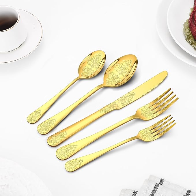 20 Pcs Gold Silverware Set for 4, Food Grade Stainless Steel Flatware Set, Eating Utensils Sets Include Fork/Knife/Spoon, Reusable Cutlery Set for Home Kitchen, Dishwasher Safe, Embossed pattern-2