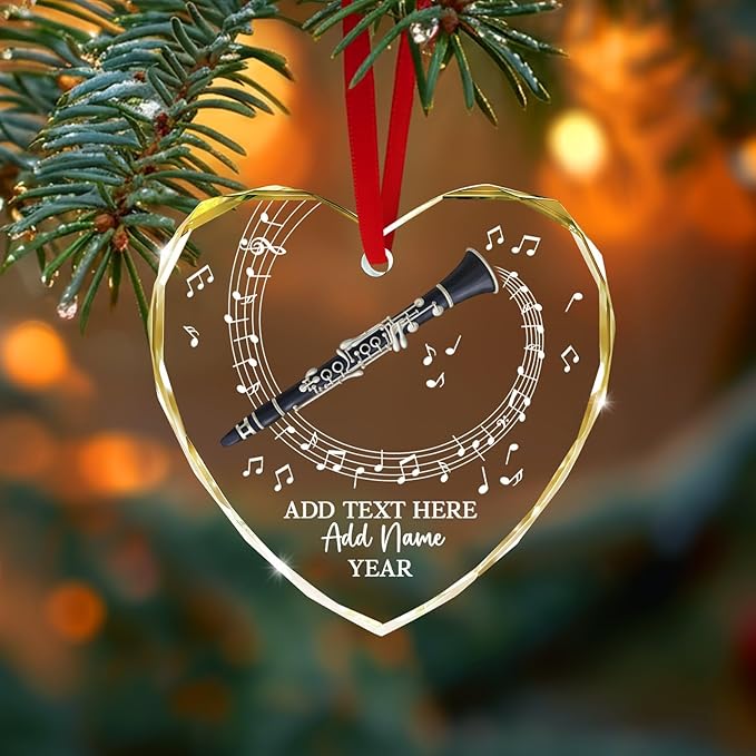 Personalized Text Name Year Clarinet Instrument Glass Ornament, Custom Clarinet Player Christmas Ornaments 2026, Clarinetist Xmas Tree Hanging Ornament, Xmas Decor Gift for Friend Coworker