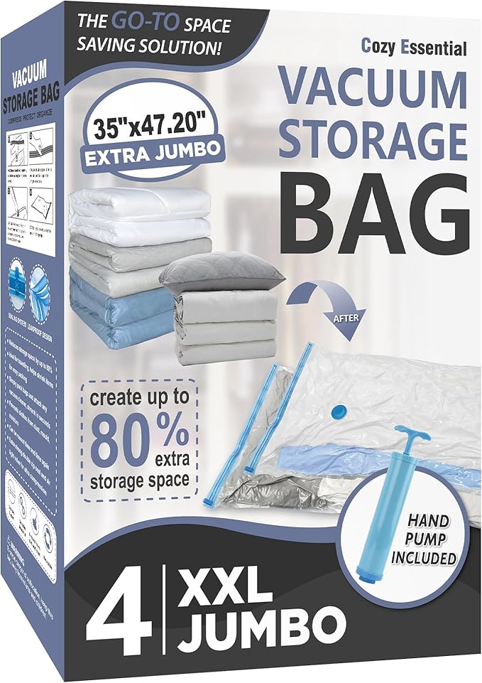 Cozy Essential Vacuum Storage Bags, 80% Compression Vacuum Seal Space Saver Plastic Packaging Bags for Clothes, Blankets, Pillow, Bedding, Comforters, Sealer Clothing Storage,4 XXL Jumbo