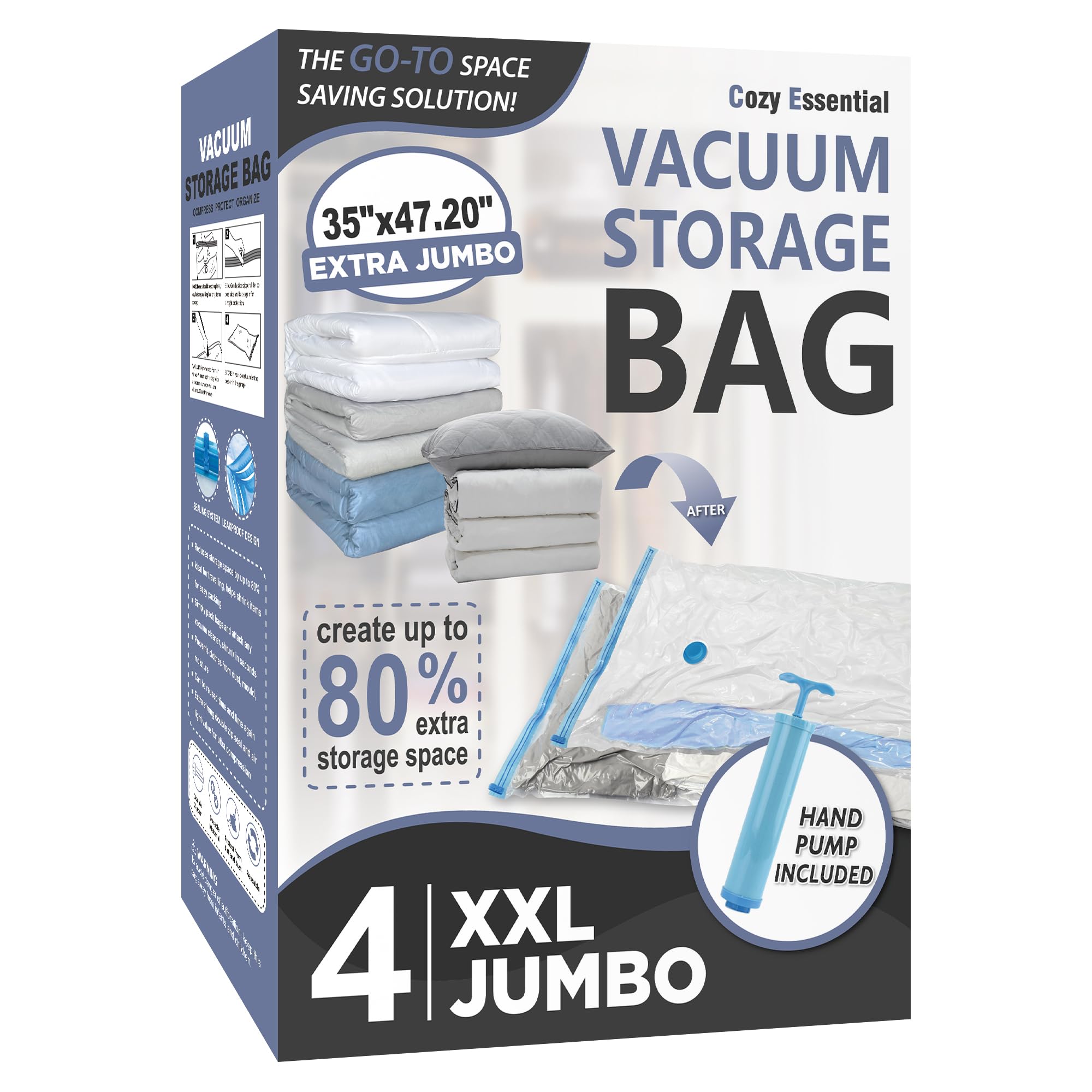 Cozy Essential Vacuum Storage Bags, 80% Compression Vacuum Seal Space Saver Plastic Packaging Bags for Clothes, Blankets, Pillow, Bedding, Comforters, Sealer Clothing Storage,4 XXL Jumbo