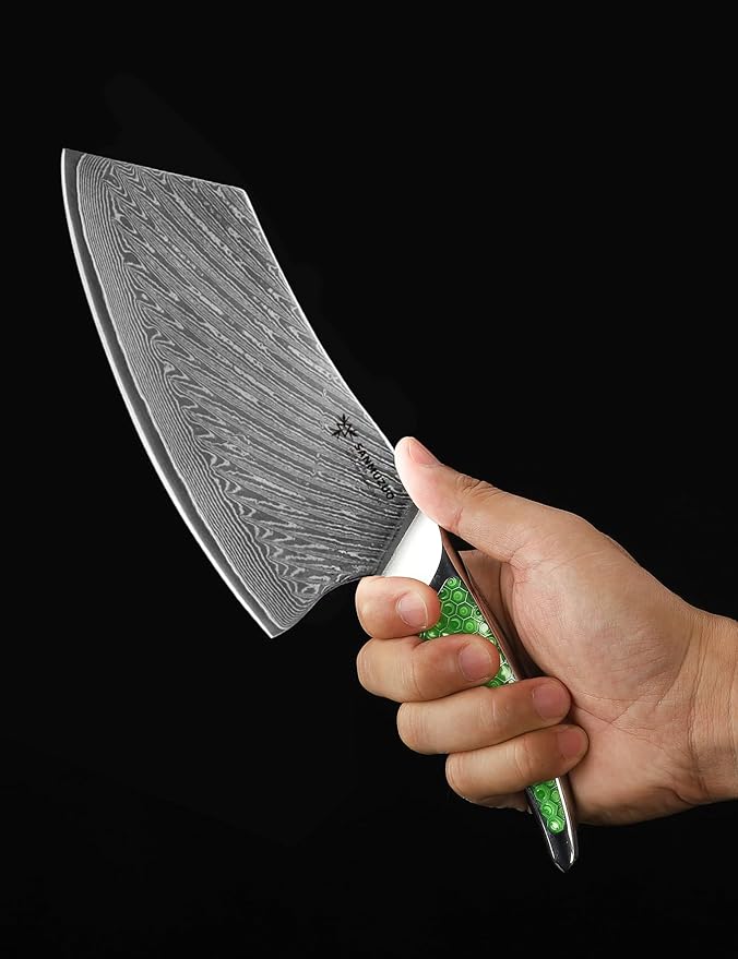 SANMUZUO 7 inch Nakiri Knife, Japanese VG-10 Damascus Steel Meat Cleaver, Ultra Sharp Vegetable Knife with Full-tang Handle in Green Resin, LA-S9 Series