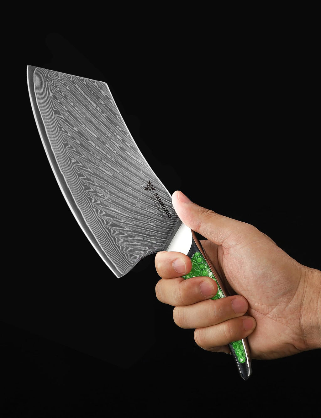 SANMUZUO 7 inch Nakiri Knife, Japanese VG-10 Damascus Steel Meat Cleaver, Ultra Sharp Vegetable Knife with Full-tang Handle in Green Resin, LA-S9 Series
