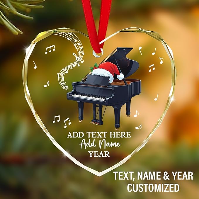 Customized Text Name & Year Piano Christmas Glass Ornament, Piano Lover Christmas Ornaments 2026, Personalized Pianist Xmas Tree Ornament, Musical Instrument Xmas Decor Gift for Son Daughter