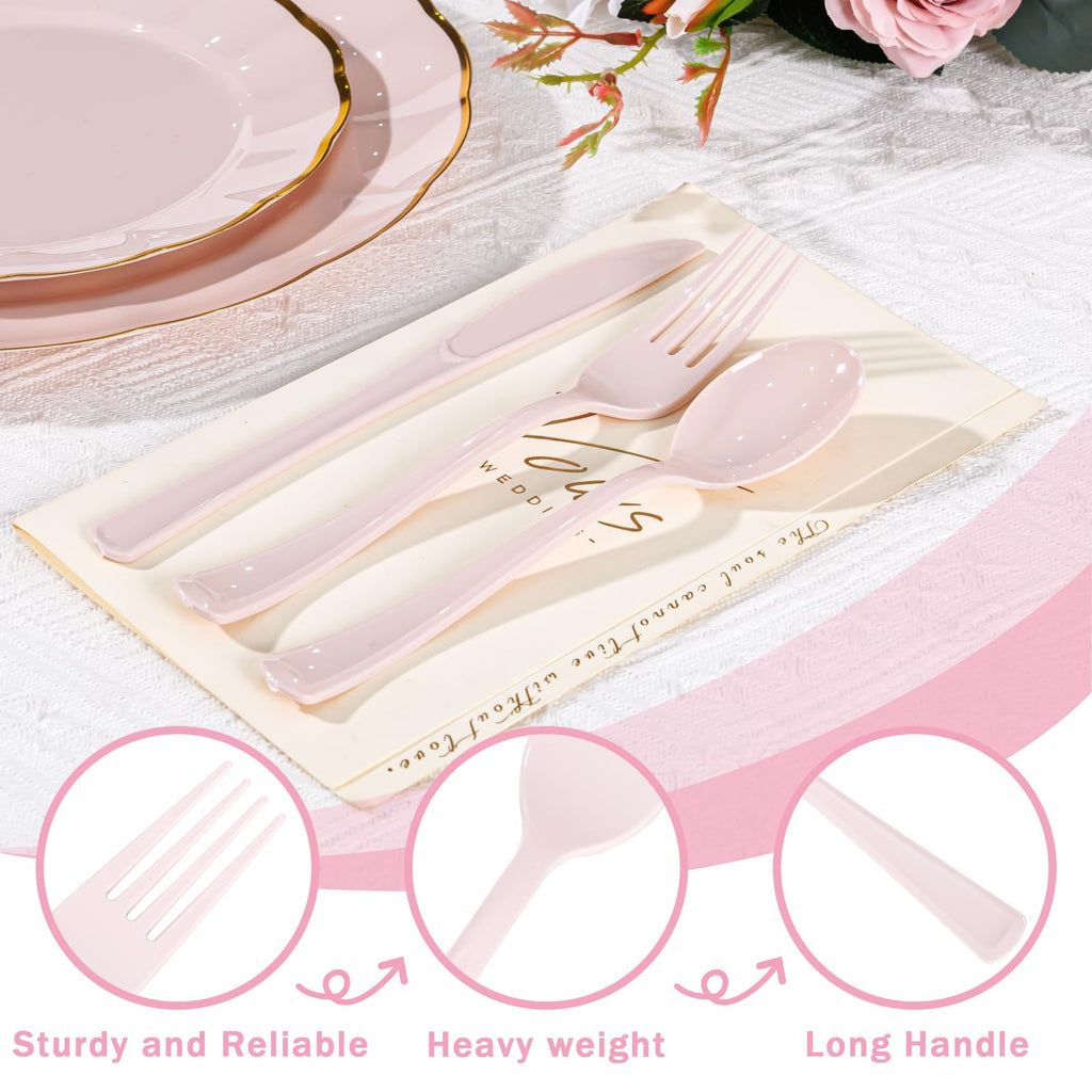 Supernal 300pcs Pink Plastic Silverware, Disposable Cutlery Set