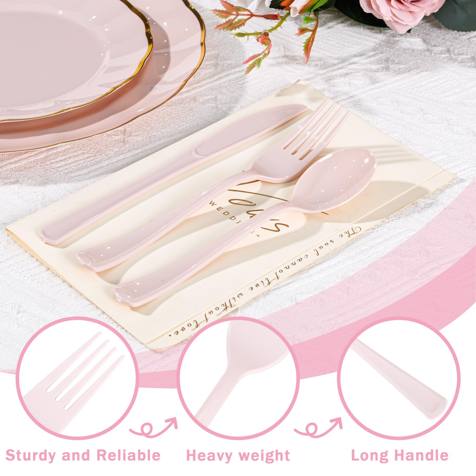 Supernal 300pcs Pink Plastic Silverware, Disposable Cutlery Set
