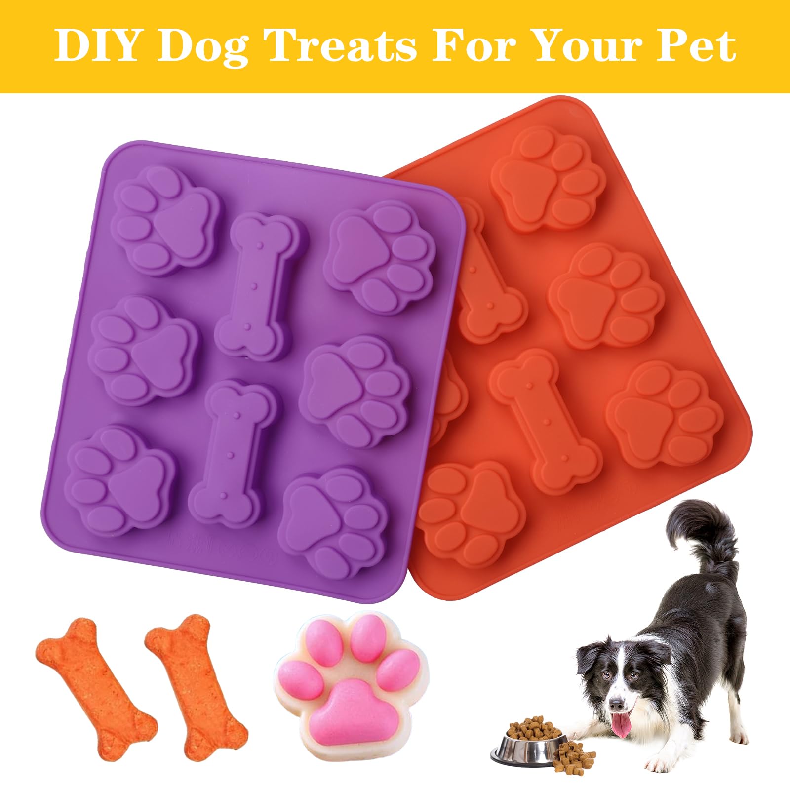 SAGOOITS 2 Pack Puppy Dog Paw and Bone Shaped 2 in 1 Silicone Molds, Reusable Non-Stick Ice Cube Trays & Candy Chocolate Molds for Homemade Dog Treats, Pudding & Baking Biscuit(Red Purple)