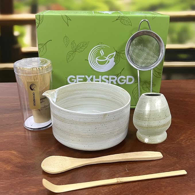GEXHSRGD Matcha Whisk Set 6 pc Kit - Traditional Japanese Chasen, Bamboo Whisk Holder, Ceramic Bowl with Spout, Sifter & 2 pc Spoons - matcha kit set, Gift for Matcha Tea Lovers(Gray)