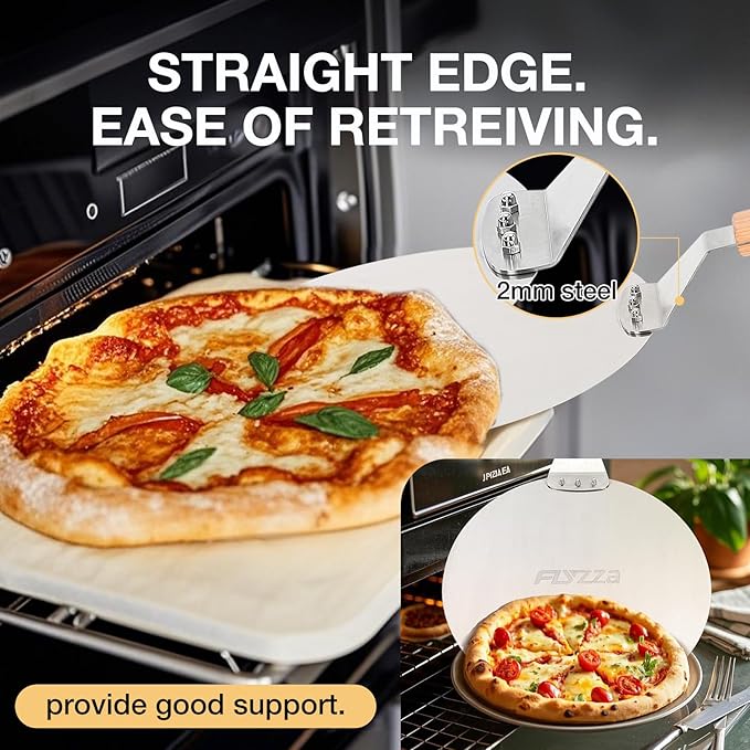 FLYZZA 12 Inch Stainless Pizza Peel, Pizza Spatula with Ergonomic Long Wood Handle for Pizza Oven Baking, Turing Peel for Pizza, Dough, Bread Pastry