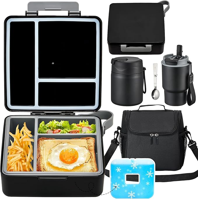 Pawtong Lunch Box Set with Bento Box Container, 17OZ Stainless Steel Food Soup Thermo, Kids Water Bottle & Portable Insulated Lunch Bag – Leakproof, Hot/Cold Retention for School, Travel (Black)