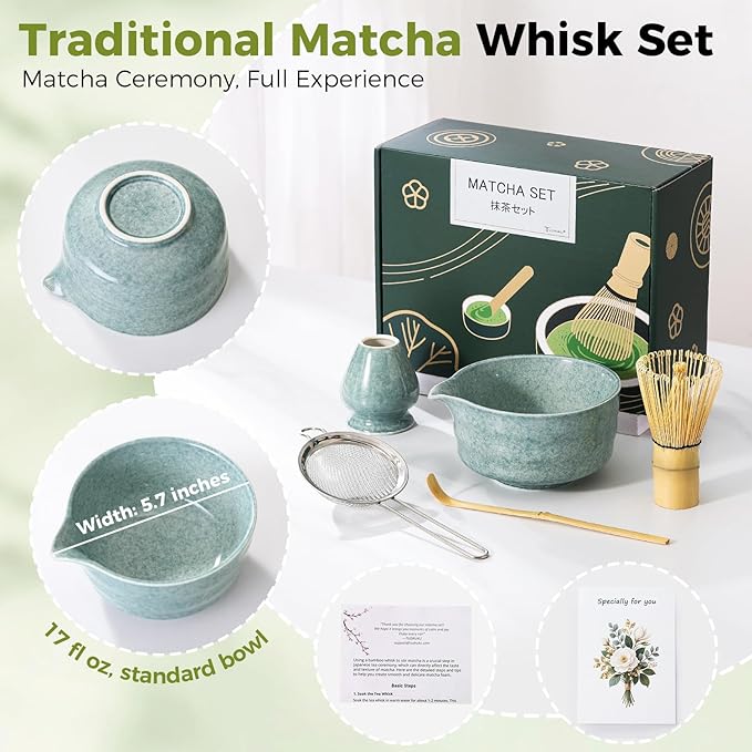 TUDRUKU Matcha Whisk Set, 5-Piece Bamboo Kit with Spout Bowl, Bluish Green