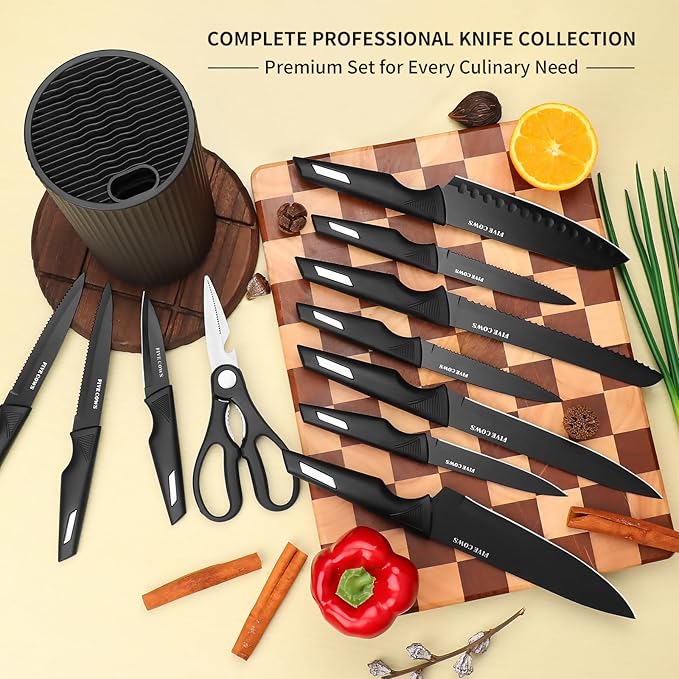 FIVE COWS Premium 12-Piece Kitchen Knives Set with Universal Knife Block