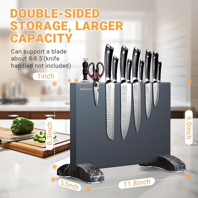 Nanbone Black Magnetic Knife Block Stand Without Knives Black Double Sided Magnetic Knife Holder Rack for Kitchen Counter Stainless Steel Knife Magnetic Strip Display Stand Storage Organizer