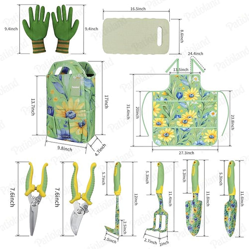 10 Piece Garden Tools Set, Gardening Hand Tools Kit with Heavy Duty Rust-Proof Aluminum Tools, Organizer Tote Bag, Apron, Gloves & Kneeling Pad, Ideal Gardening Gifts for Women, Mom, Grandma & Wife
