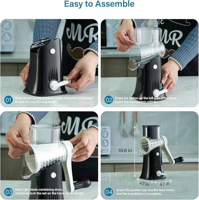 ALEXPHY Rotary Cheese Grater Hand Crank, 5 blades Cheese shredder, Stronger Suction, Easy to Clean for Fruit, Vegetables, Nuts, Black