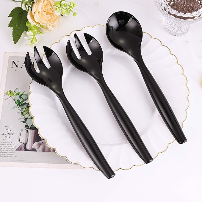 Mwellewm 48 Pcs Serving Spoons 10'' Large Plastic Serving Utensils Set Slotted Disposable Serving Forks Heavy Duty Black Party Supplies for Buffet Restaurant Dinner Salad Noodles Soup
