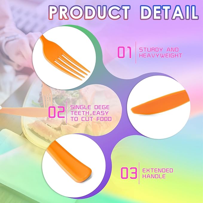 ALEXPRE 300 Pack Neon Party Disposable Plastic Silverware Heavy Duty, Plastic Cutlery Set, Forks and Spoons Knives Set for Birthday Party Prom Night, Weddings（Orange,Green, Hot Pink, Yellow Colors）