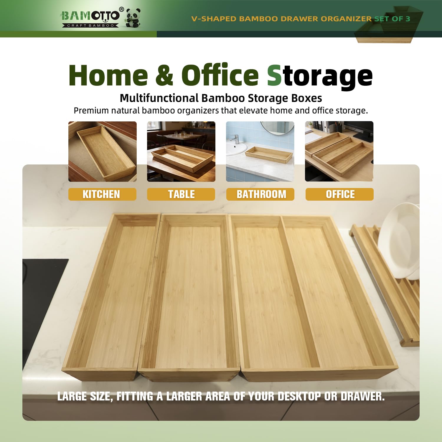 BAMOTTO CRAFTBAMBOO Large Long V-Shaped Bamboo Drawer Organizer Set of 3
