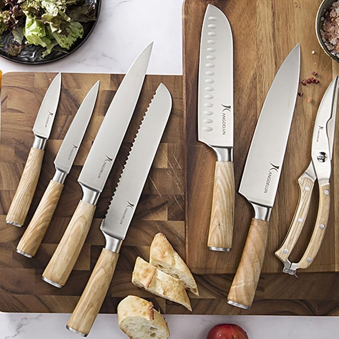 Kangdelun Ultra Sharp 15-Piece Kitchen Knife Set, High Carbon Stainless Steel Blades, Torrefied Natural Wood Handles, Ergonomic Design, Space-Saving Black-Finished Wood Block, Easy Hand Wash, Gift Box