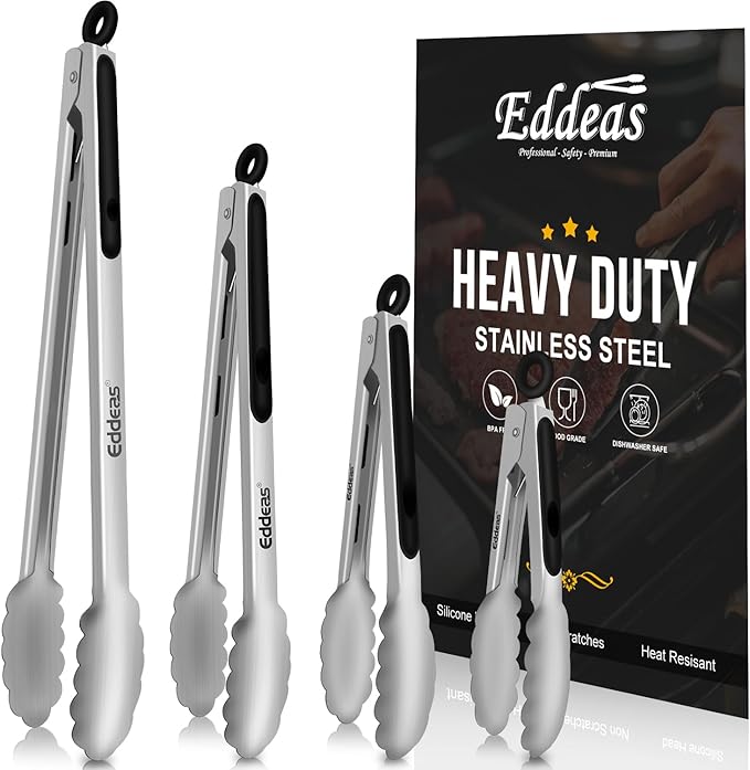 EDDEAS Grill Tongs - BBQ Tongs Heat Resistant 600 Degrees, Heavy Duty Metal, Perfect for Cooking, Grilling, Set of 4, 7",9",12" & 14 inch Black