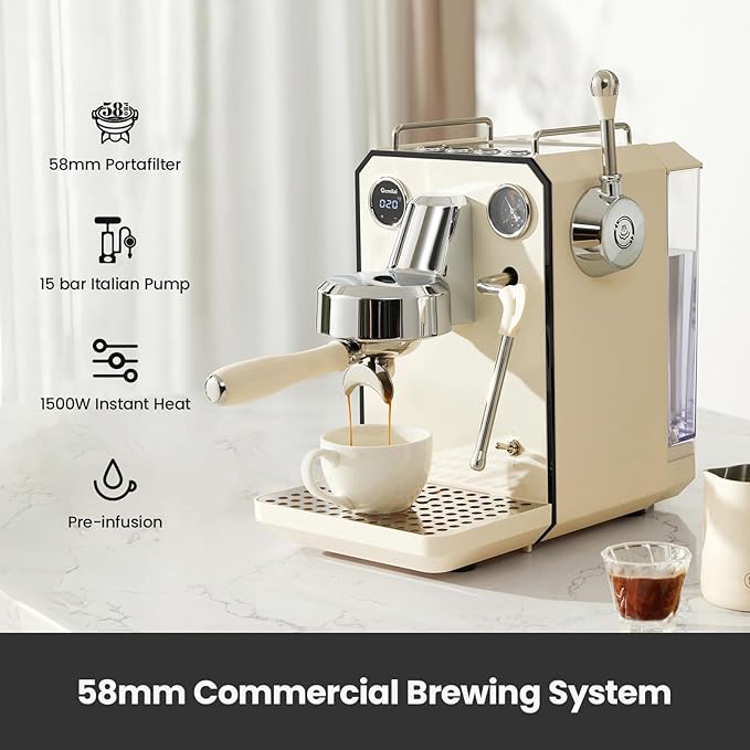 Gemilai Owl Espresso Machine, 15 Bar Professional Semi-Automatic Espresso Maker with Milk Frother Steam Wand, 57oz Removable Water Tank, Dual Display, for Cappuccino, Latte at home, G3006, Ivory White