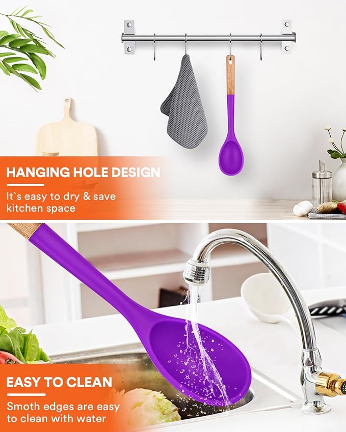 Badiano Large Silicone Cooking Spoons, Nonstick Solid Wooden Handle,13.2in