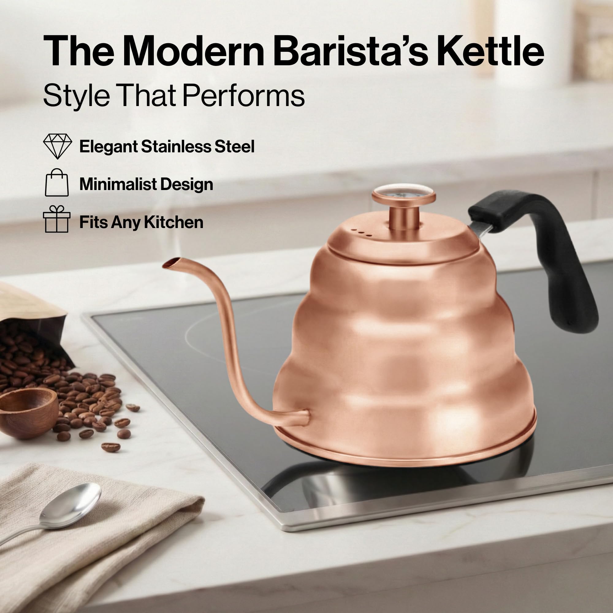 Barista Warrior Gooseneck Kettle with Built-In Thermometer for Pour Over Coffee & Tea - 1L Stainless Steel Kettle Stovetop Safe with Precision Spout - Copper Coated Stainless Steel