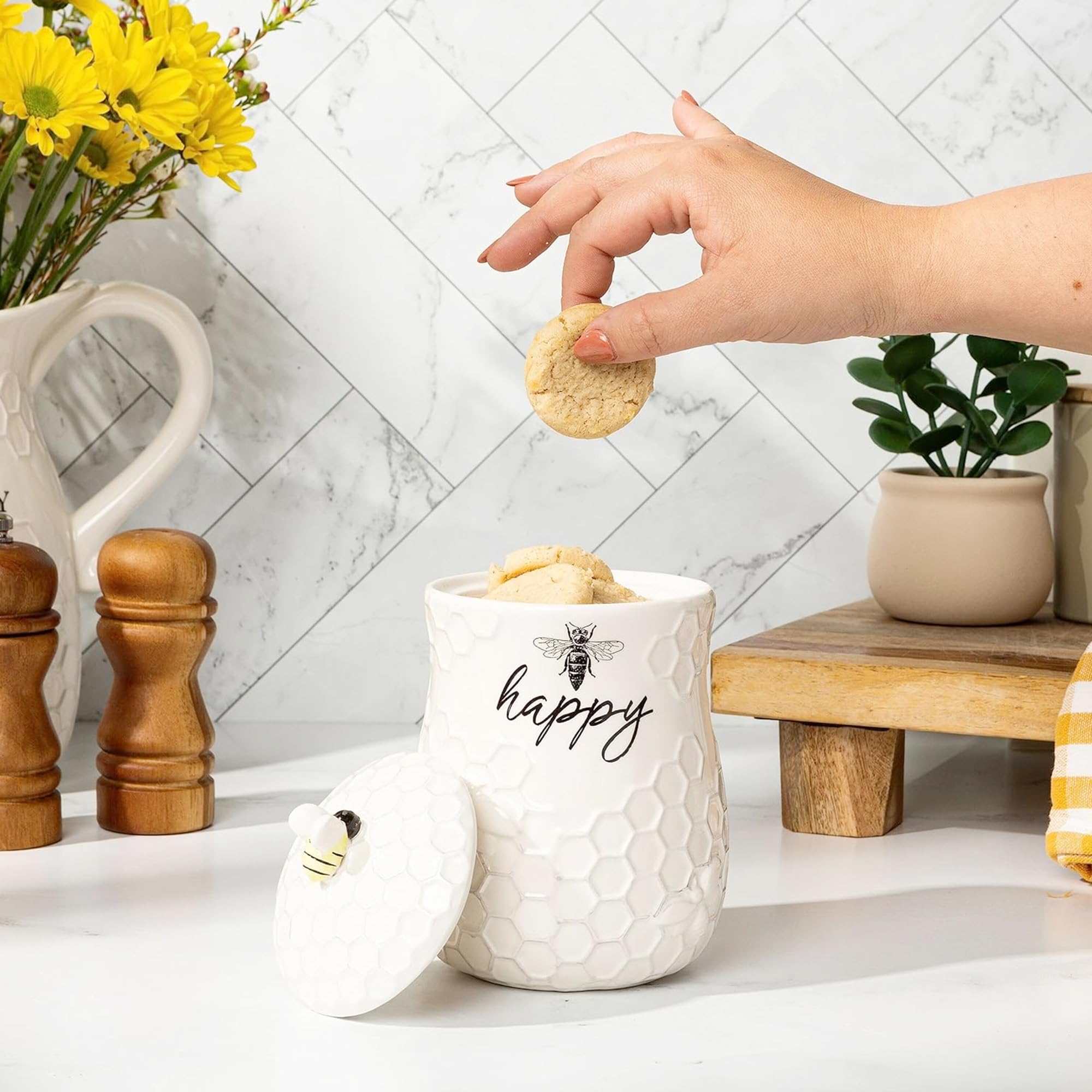 Young's Inc. Ceramic Honey Bee Cookie Jar with Lid and Handle – Honeycomb Design, 5.75" x 5.83" x 7.87", Decorative and Functional Kitchen Storage - Tea Canister