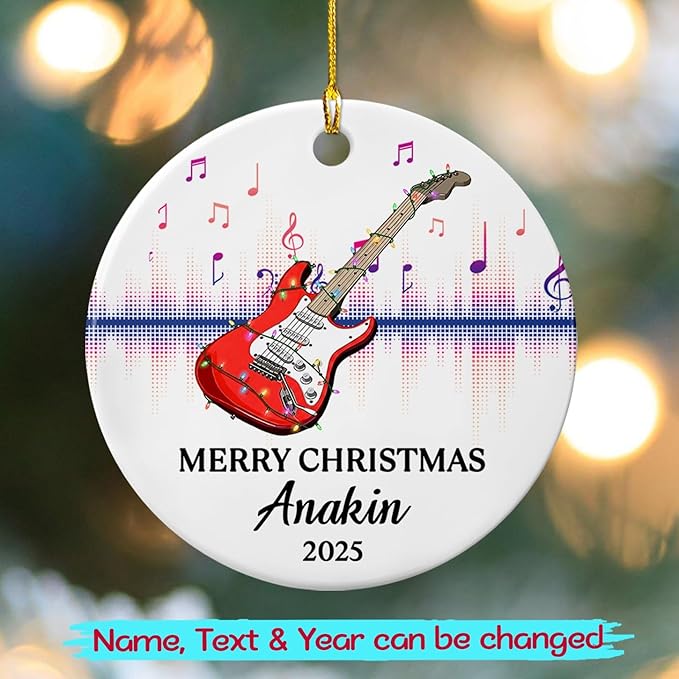 Customized Year Text Name Guitar Bass Player Ornament Gift for Daughter Son Husband Wife Dad Mom, Personalized Guitar Bass Instrument Christmas Ornament 2026, Guitarist Appreciation Ceramic Ornaments
