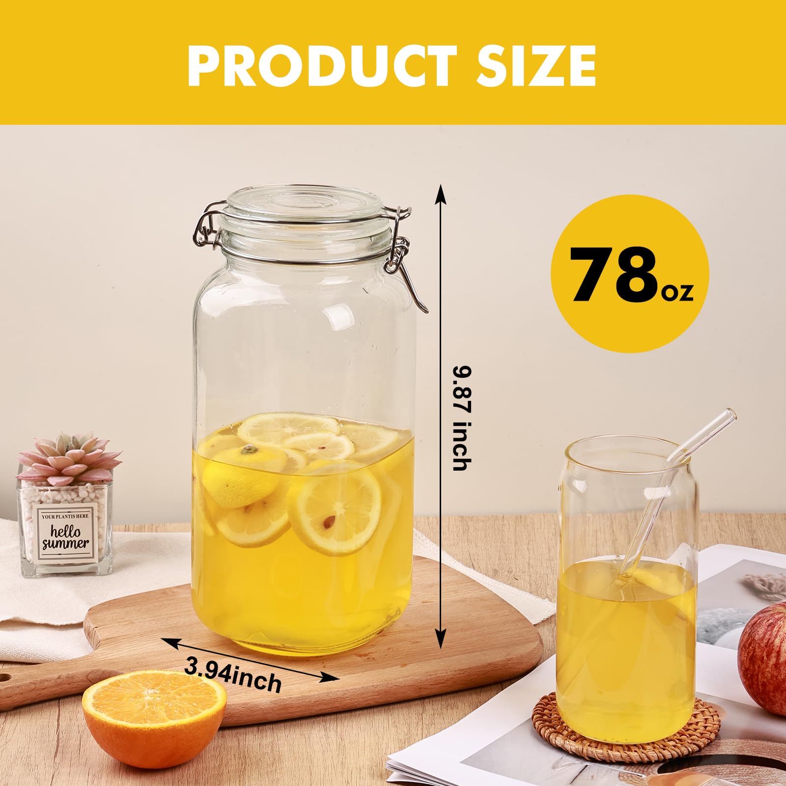 Liuruiyu 78oz Glass Food Storage Jars with Airtight Clamp Lids, 3 Pack Wide Mouth Large Kitchen Canisters for Flour, Cereal, Beans, Pasta and Canning, Square Mason Jar with Labels