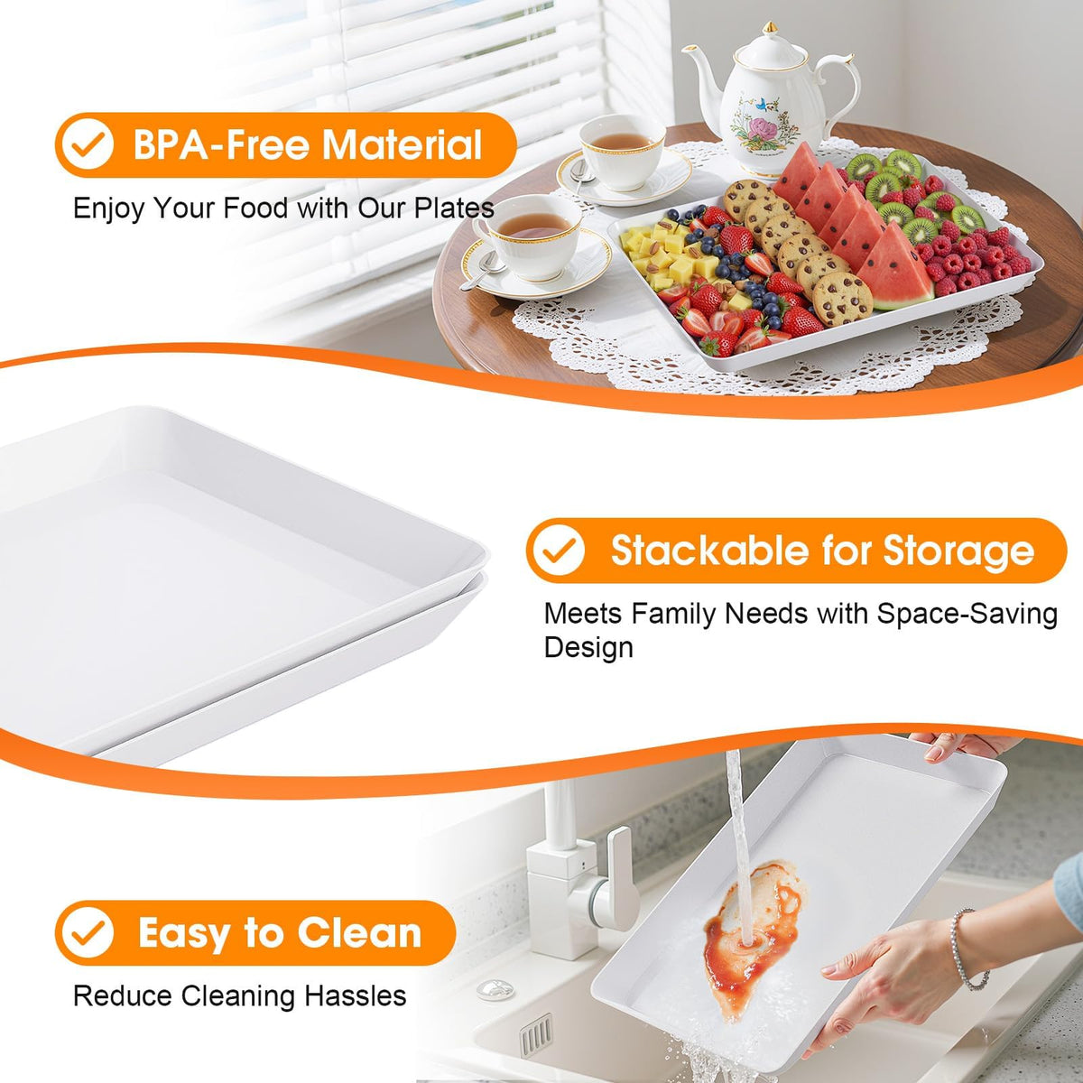 Serving Trays, Serving Platter, Plastic Trays, 4-Pack, White