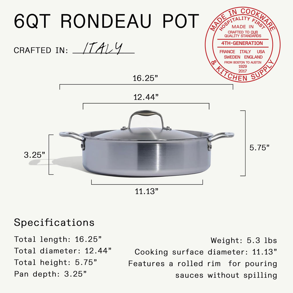 Made In Cookware - 6 Quart Stainless Steel Rondeau Pot w/Lid - 5 Ply Stainless Clad - Professional Cookware - Crafted in Italy - Induction Compatible