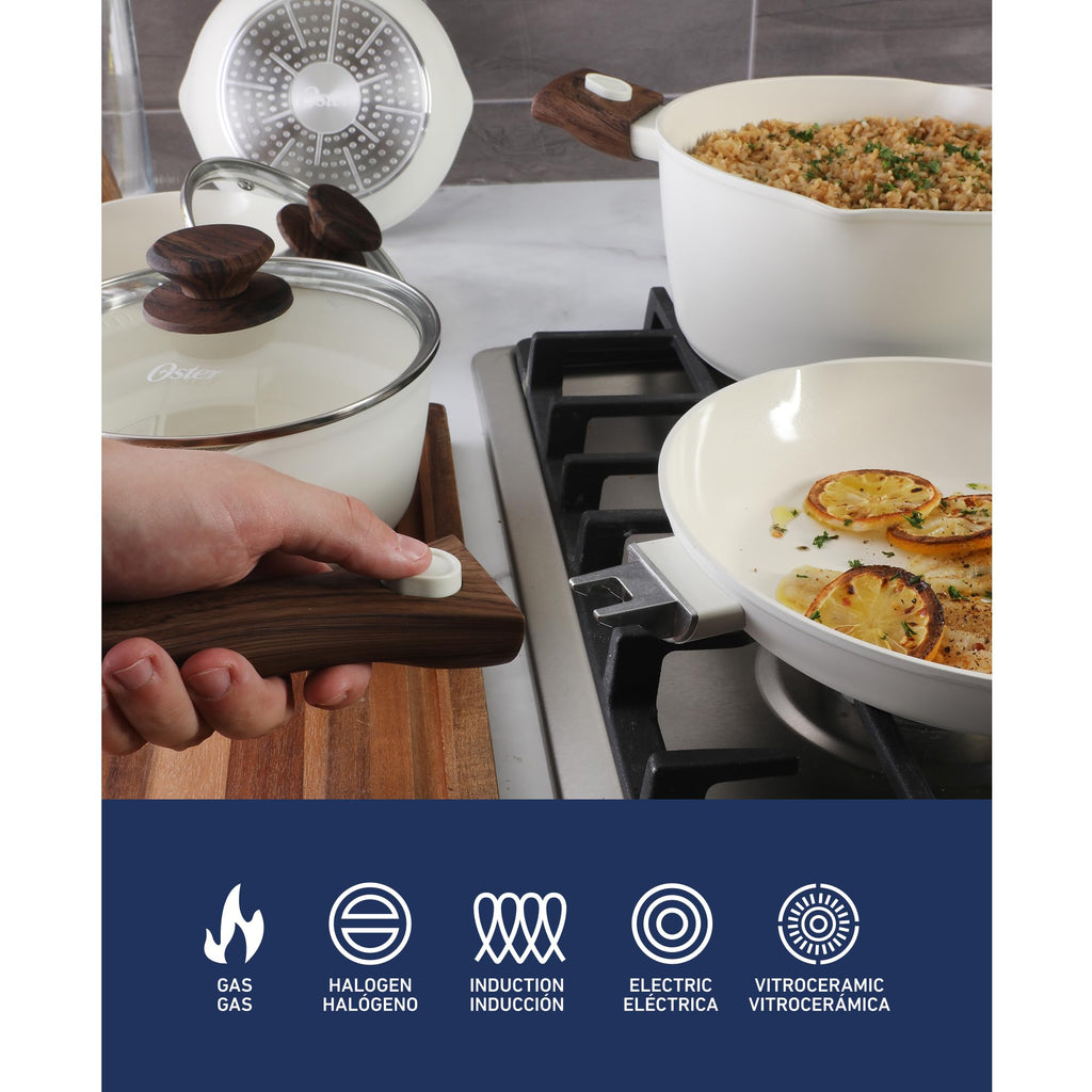 Oster SmartHandle Advance 18-Piece Ceramic Nonstick Cookware Set – Matte Linen Finish, Induction, Detachable Handles, Oven & Dishwasher Safe Pots Pans, w/Utensils & Pan Protectors