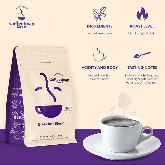 Coffee Bean Direct Breakfast Blend, Whole Bean, 1lb Bag